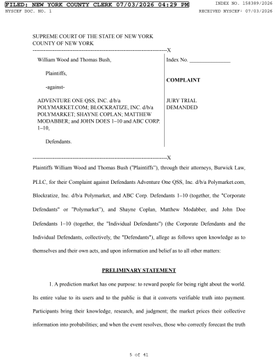 The image shows the first page of a New York Supreme Court complaint filed by plaintiffs William Wood and Thomas Bush against Polymarket, its parent companies Blockratize and Deus Capital, and individuals Shayne Coplan and Dmitry Beresin, seeking a jury trial and damages. The caption and case number (Index No. 654599/2024) are visible at the top, and the document introduces the lawsuit as a class action over alleged deceptive practices by the prediction market platform.