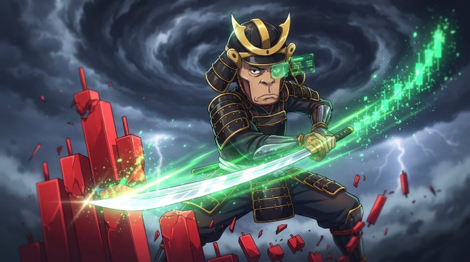 An illustrated samurai warrior in dark armor with gold accents wields a glowing green energy sword amid a stormy sky and shattering red crystal pillars.