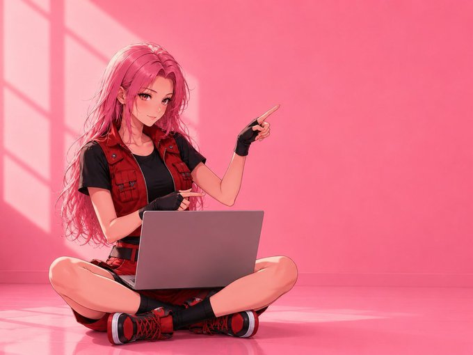 An anime-style illustration of a pink-haired woman wearing a red vest and black shirt, sitting cross-legged with a laptop and pointing to the side against a pink background.