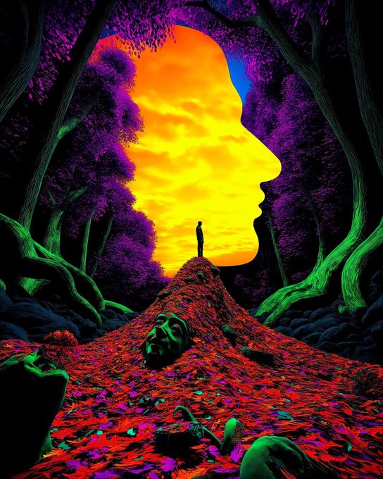A lone figure stands atop a red peak in a surreal, vibrant landscape, framed by a giant glowing yellow profile silhouette set against purple trees.