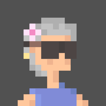 A pixel art portrait of a character with long gray hair adorned with a pink flower, wearing dark sunglasses and a blue top against a gray background.