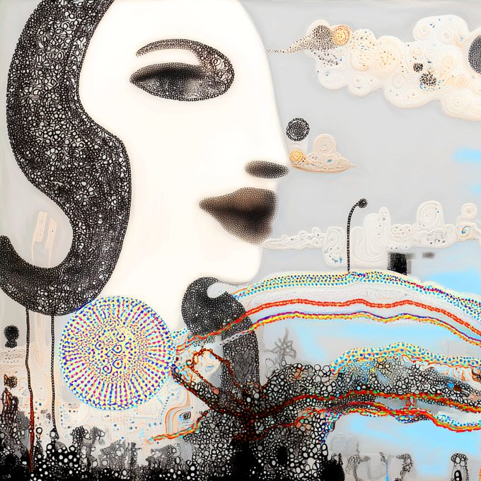 An abstract, stylized painting of a woman's face in profile, surrounded by colorful dots, swirling patterns, and a mandala-like design against a light blue background.