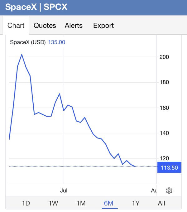 A 6-month stock chart for SpaceX (SPCX) showing a declining price trend from around $200 to $113.50 USD, displayed on a mobile trading app.