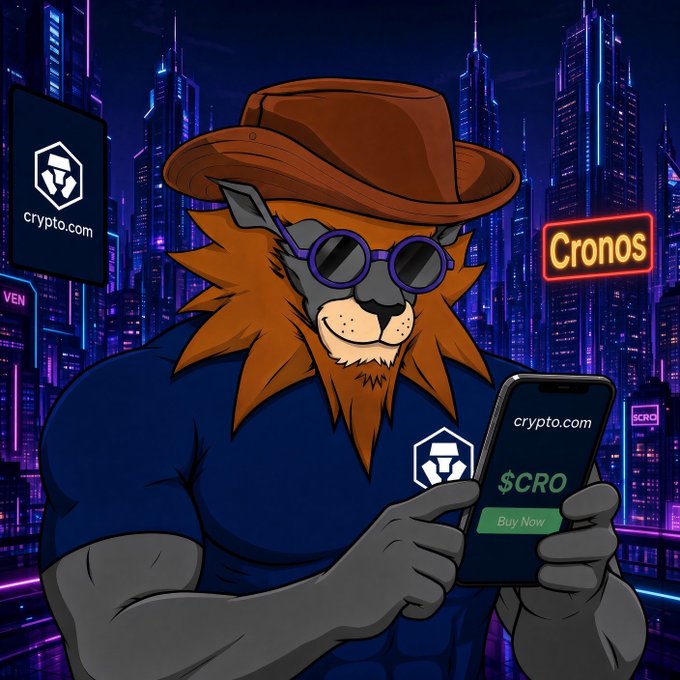 A cartoon lion character wearing a brown hat and purple sunglasses holds a smartphone displaying "crypto.com" and "$CRO Buy Now," set against a neon cyberpunk cityscape with "Cronos" signage.