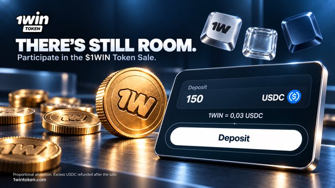A promotional advertisement for the '1WIN Token' sale with the tagline 'THERE'S STILL ROOM', showing gold tokens and a digital deposit interface for 150 USDC.