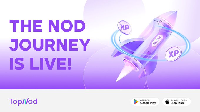 Promotional graphic for TopNod announcing 'THE NOD JOURNEY IS LIVE!' with a 3D rocket illustration and 'Get it on Google Play' and 'Download on the App Store' badges.