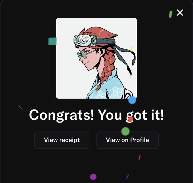 A pop-up notification displays "Congrats! You got it!" featuring an anime-style portrait of a red-haired character with goggles and a light blue kimono, with "View receipt" and "View on Profile" buttons—celebrating the purchase of an Elemental NFT kimono-themed character at floor price.