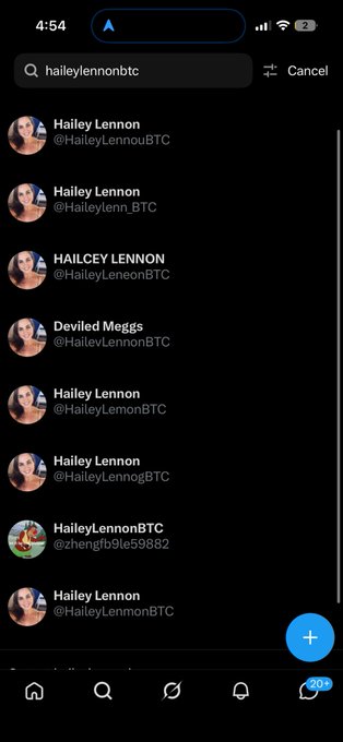 A mobile app search screen showing multiple results for 'haileylennonbtc', with the top result being 'Hailey Lennon' verified with a blue checkmark.