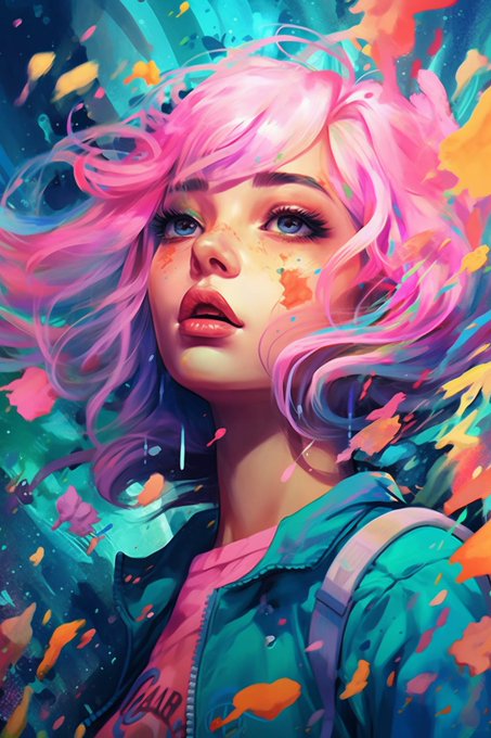 A vibrant, colorful digital painting of a young woman with flowing pink and purple hair, looking upward, surrounded by splashes of pink, orange, and teal paint, wearing a teal jacket with a pink shirt.