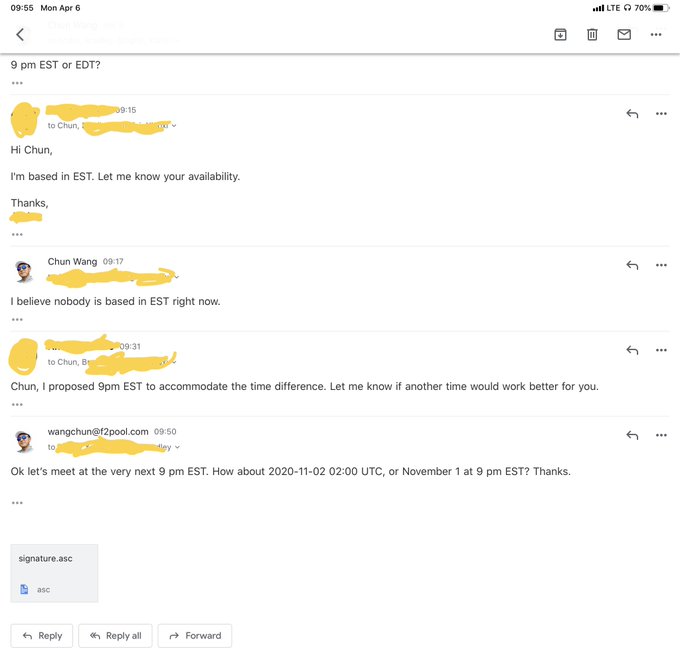 A screenshot of an email exchange dated Monday, April 6 at 09:55 displays a message thread titled "9 pm EST or EDT?" showing correspondence between Chun Wang (wangchun@f2pool.com) and a Zcash team member, where Wang repeatedly clarifies he is not based in EST and suggests "2020-11-02 02:00 UTC, or November 1 at 9 pm EST?" to accommodate the timezone confusion, illustrating the frustrating communication breakdown that led to the company being banned.