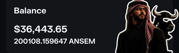 A digital wallet balance display showing $36,443.65 with 200108.159647 ANSEM tokens, accompanied by an image of a man in traditional Arab attire with a bull behind him.