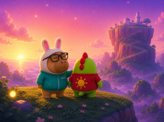 An illustrated scene of two cartoon characters—one wearing a bunny hood and glasses, the other a green dinosaur in a sun shirt—standing together on a grassy cliff overlooking a sunset landscape with a castle in the distance.