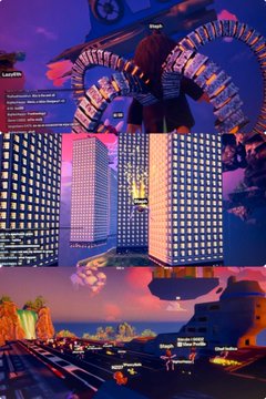 A cyberpunk-themed gaming interface featuring a horned character labeled 'Razh' with character stats and a stylized nighttime cityscape with glowing skyscrapers.