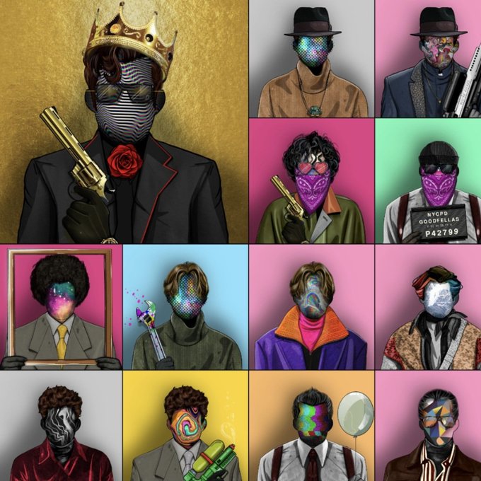 A collage of stylized digital portraits featuring various characters with obscured or masked faces, including one prominently displayed figure wearing a gold crown and holding a golden pistol with a red rose.