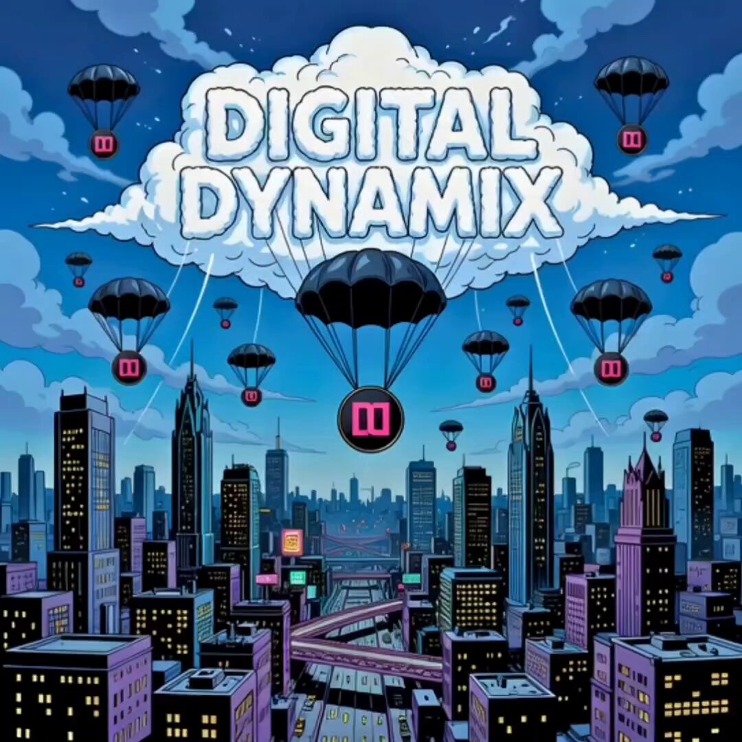 "Digital Dynamics" is written above a city skyline, which includes buildings of various sizes and shapes. There are also several parachutes flying over the cityscape, adding an element of excitement or adventure to the scene. The combination of the city skyline and parachutes creates a sense of movement and dynamism in the image.