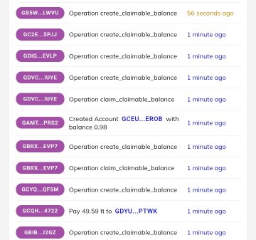 A list of recent blockchain operations, predominantly 'Operation create_claimable_balance' and 'Operation claim_claimable_balance', with one entry showing 'Created account GCEU...ER0B with balance 0.98'.
