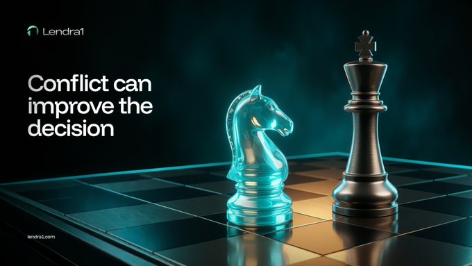 An advertisement with the text 'Conflict can improve the decision' alongside the 'Lendra1' logo, showing a blue glass chess knight facing a black king on a checkered board.