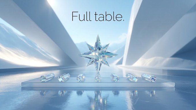 A stylized, icy landscape featuring a large crystal star surrounded by smaller gems on a pedestal, with the text "Full table." displayed above.