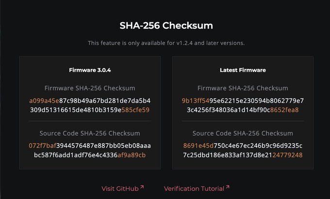 The image displays SHA-256 Checksum verification information for firmware versions 3.0.4 and "Latest Firmware," showing both Firmware and Source Code hashes (with matching portions highlighted in orange) alongside links to GitHub and a Verification Tutorial. This visually demonstrates the final step in the post's verification process, where users compare their device's displayed checksum against the official hashes on GitHub to ensure firmware authenticity before updating.