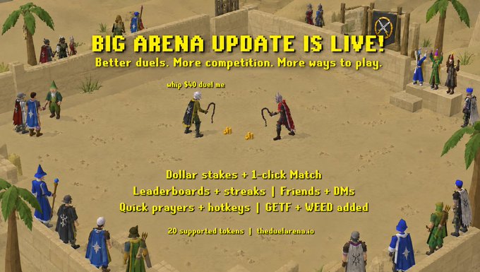 Promotional graphic for Old School RuneScape announcing "BIG ARENA UPDATE IS LIVE!" with features like "Dollar stakes + 1-click Match" and "Leaderboards + streaks | Friends + DMs."