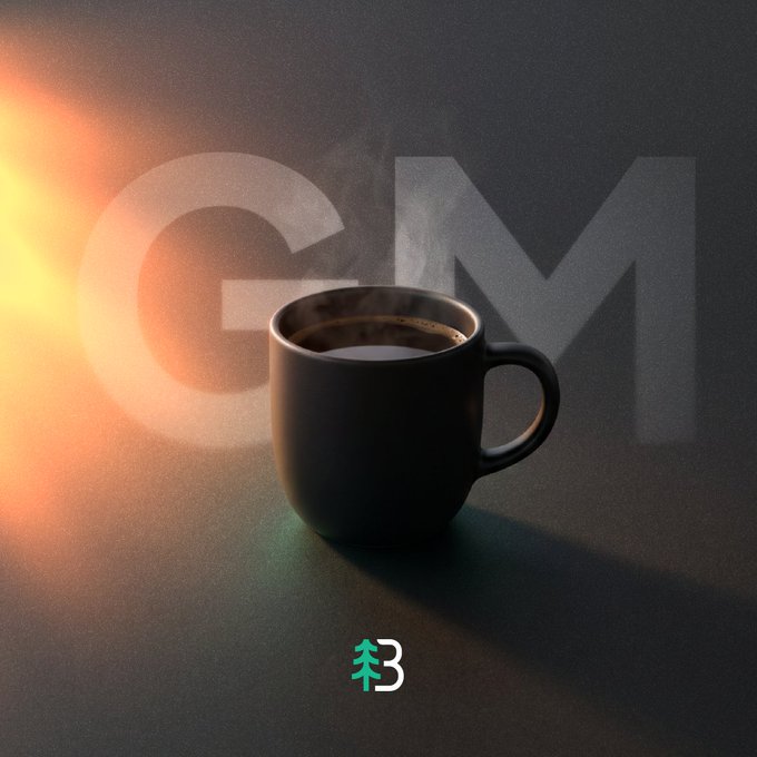 A dark ceramic mug of black coffee steams on a surface, set against a background with the large faded letters 'GM' and warm orange lighting, with a green and white 'B' logo at the bottom.