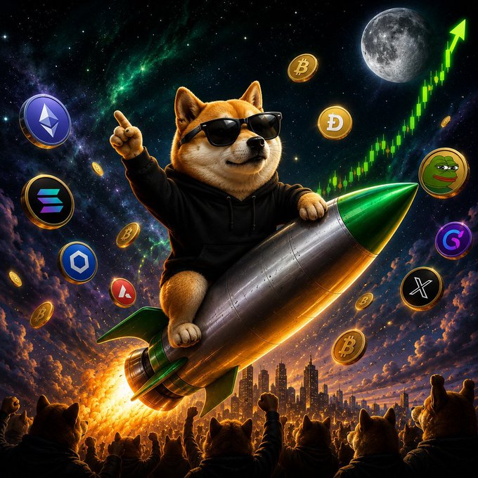 A cartoon Shiba Inu wearing sunglasses rides a rocket through a starry sky surrounded by various cryptocurrency logos including Bitcoin, Dogecoin, and Ethereum, with a cheering crowd below.