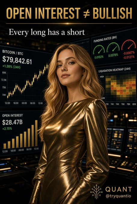 A blonde woman in a gold dress stands before financial charts with bold text reading 'OPEN INTEREST ≠ BULLISH' and 'Every long has a short,' alongside Bitcoin price ($79,842.61), funding rates, open interest ($28.47B), and the watermark 'QUANT @tryquantio'.