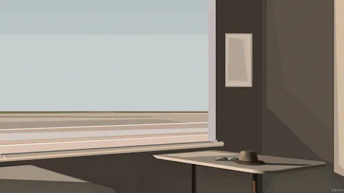 A minimalist digital illustration of a modern interior featuring a window, a small table with a brown hat, and a framed picture on a dark gray wall.