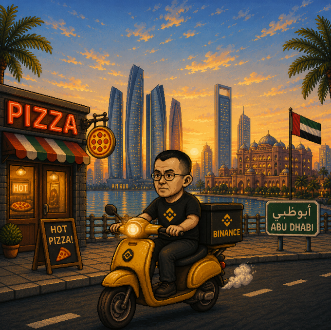 A cartoon caricature of Changpeng "CZ" Zhao, founder of Binance, rides a yellow scooter with a "BINANCE" delivery box past a pizza shop with a "PIZZA" sign and "HOT PIZZA!" board, with the Abu Dhabi skyline and a UAE flag in the background alongside a road sign reading "أبوظبي ABU DHABI." The whimsical illustration plays on the tweet's gratitude to CZ for buying pizza, framing him as a playful pizza delivery figure in the city.
