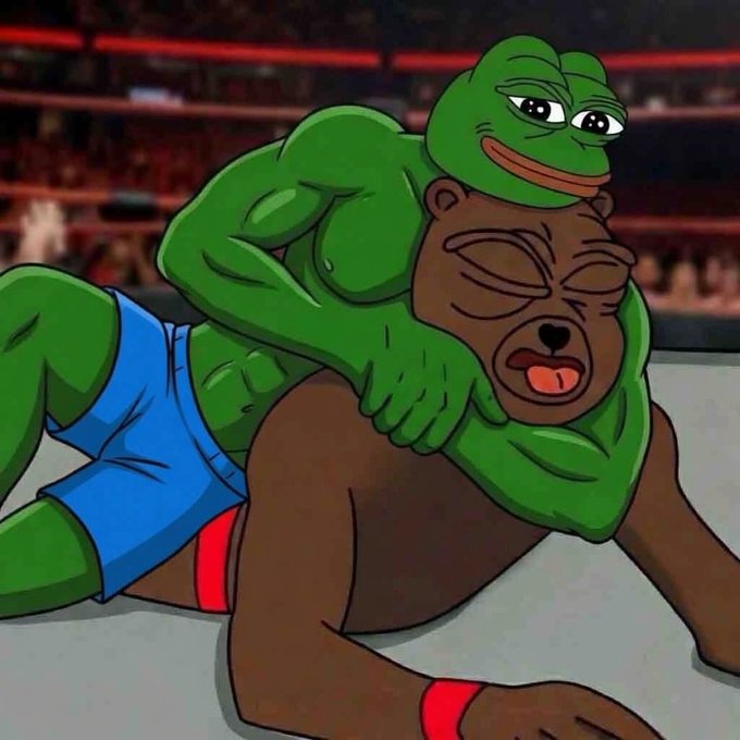 A cartoon meme depicts a muscular green frog character in blue shorts wrestling or choking a brown bear in a wrestling ring.