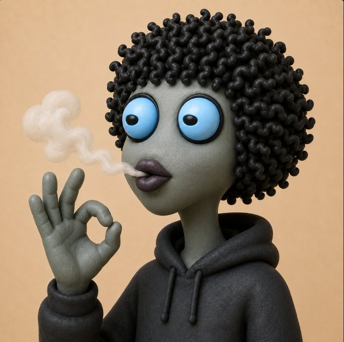 A 3D-rendered character with gray skin, curly black hair, large blue eyes, and dark lipstick, wearing a black hoodie and making an 'OK' hand gesture while smoke rises near its mouth.