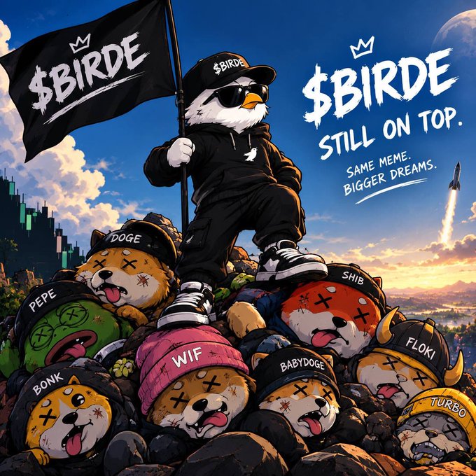 An illustrated meme showing a triumphant '$BIRDE' eagle standing on a pile of defeated cartoon dog/cat meme coins (DOGE, SHIB, PEPE, WIF, FLOKI, BONK, BABYDOGE, TURBO) with the text '$BIRDE STILL ON TOP. SAME MEME. BIGGER DREAMS.'