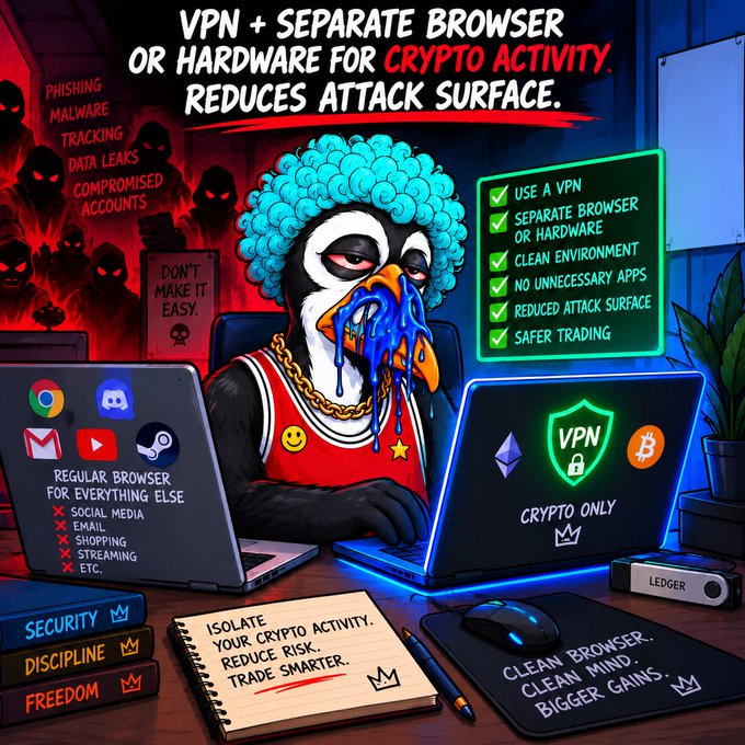 A cartoon illustration features a penguin-like character with a blue afro working on two laptops, promoting 'VPN + SEPARATE BROWSER OR HARDWARE FOR CRYPTO ACTIVITY' to reduce attack surface, with checklists highlighting security practices like using a VPN and a clean environment for crypto trading.