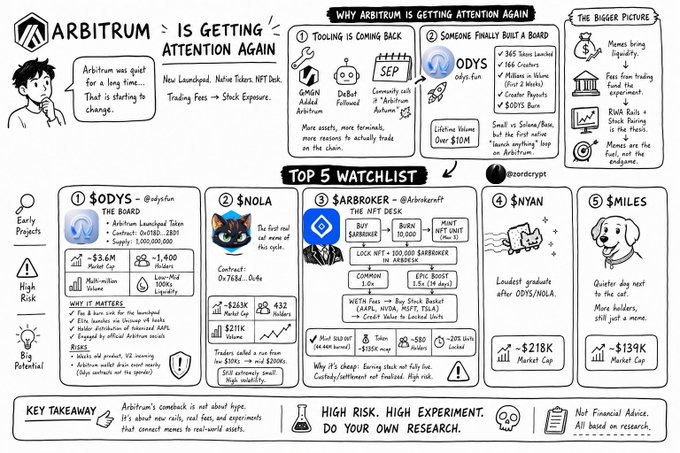 An infographic titled 'ARBITRUM IS GETTING ATTENTION AGAIN' analyzing why Arbitrum is in focus, detailing DeBots like $MGN, $Odys, and a watchlist including $ODYS, $NOLA, $ARBROKER, $NYAN, and $MILES with market caps, supply, and risk indicators.