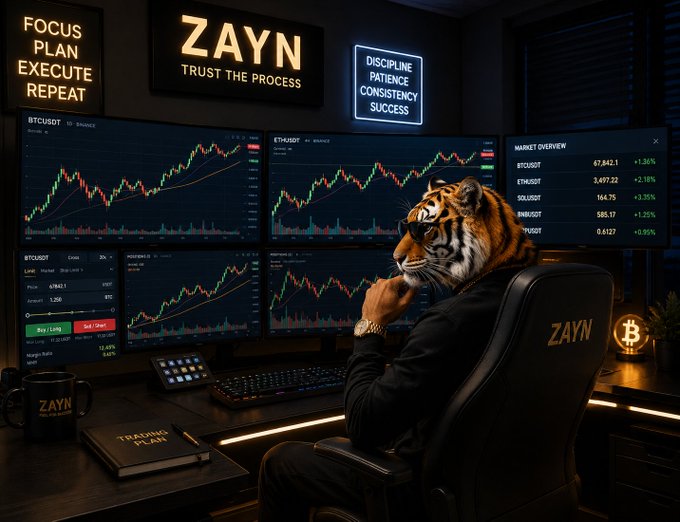 A digital art piece showing a tiger-headed figure in a suit sitting at a multi-monitor trading desk named 'ZAYN', surrounded by motivational signs reading 'FOCUS PLAN EXECUTE REPEAT' and 'TRUST THE PROCESS'.