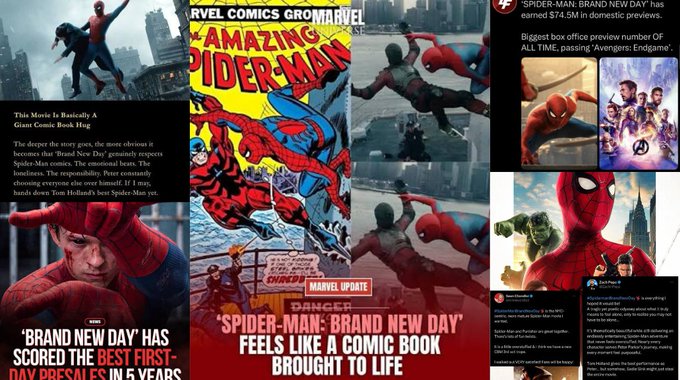 A collage of press coverage for Marvel's 'Spider-Man: Brand New Day,' highlighting its record-breaking box office opening of $74.5M and comparisons to a giant comic book hook featuring Tom Holland.