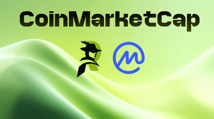 The image displays the "CoinMarketCap" logo above the logos of RangerAI (a hooded figure mascot) and CoinMarketCap's circular emblem, set against a green wavy background. It visually supports a listing request post for the $RANGER token on CoinMarketCap, referencing support ticket #1410511.