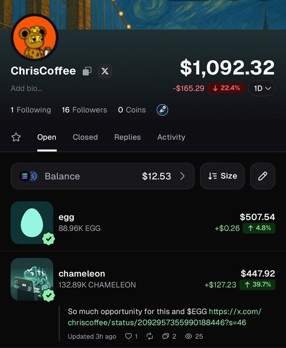 A screenshot of a GMGN trading profile for 'ChrisCoffee' showing a portfolio value of $1,092.32 with a -$165.29 (-22.4%) change, featuring holdings in $EGG (+4.8%) and $CHAMELEON (+39.7%).