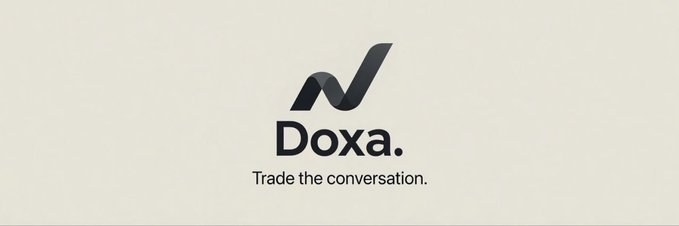 The image displays the Doxa logo with the tagline "Trade the conversation," featuring a stylized black checkmark design above the brand name on a cream-colored background. This aligns with the post's description of $DOXA, a first opinion market on the blockchain where crowd-sourced takes are scored from 0 to 100 and traded like assets.