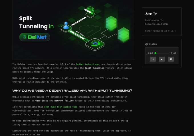 The screenshot showcases an article on Beldex's BelNet website announcing "Split Tunneling in BelNet," featuring a graphic of a user connected through a VPN tunnel to decentralized servers, with an audio player widget showing 0:00 timestamps and navigation links to "Bottlenecks In Decentralized VPNs" and "Other Features In V1.3.1."
