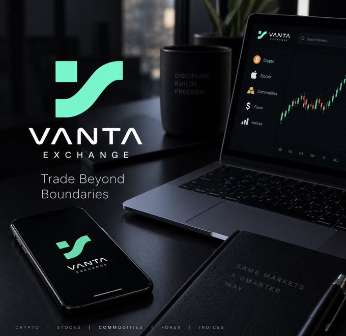 Promotional graphic for VANTA Exchange with the tagline 'Trade Beyond Boundaries', displaying their logo on a phone and laptop screen alongside a trading interface showing Crypto, Stocks, Commodities, Forex, and Indices categories.