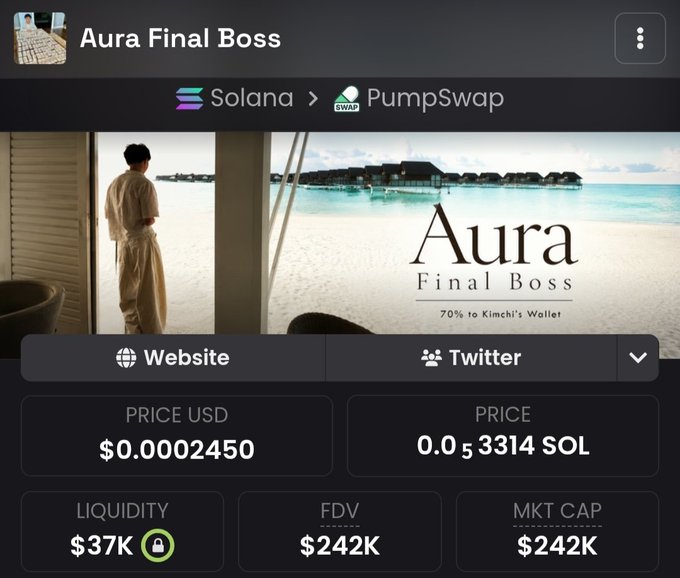 A screenshot of a cryptocurrency token called 'Aura Final Boss' on Solana/PumpSwap, showing a price of $0.0002450 USD (0.0₅3314 SOL), with $37K liquidity and a market cap of $242K, alongside an image of a person looking out at a beach resort.