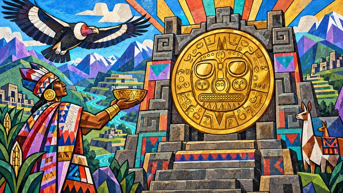 A vibrant, mosaic-style digital illustration depicting an Andean/Incan scene with a figure in traditional dress holding a golden bowl, an Andean condor in flight, a large golden sun disc with tribal face, llamas, and geometric mountains.