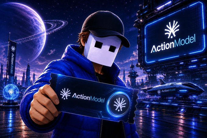 A futuristic sci-fi promotional image for 'ActionModel' featuring a figure in a blue jacket and white mask holding a glowing ActionModel ticket, set against a neon-lit cityscape with a planet and spaceship in the background.