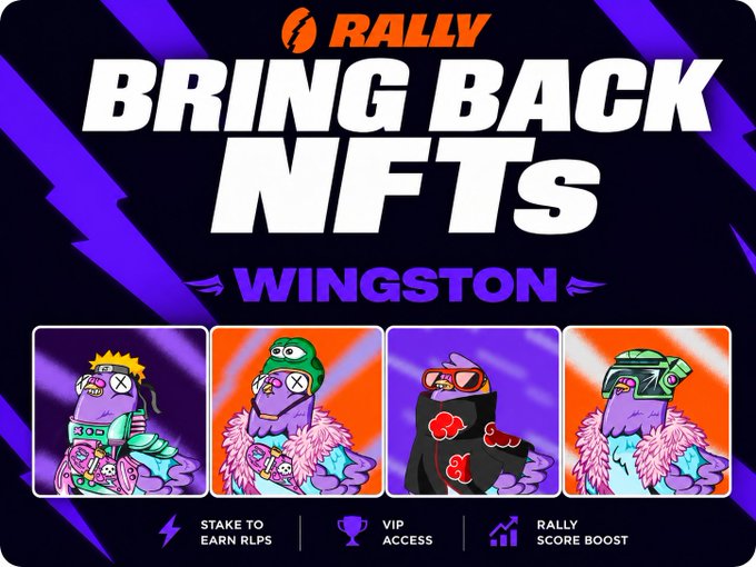 The image features four cartoon characters wearing colorful outfits and accessories, with one of them holding a sign that says "Free mint season is heating up again but most launches still lack real utility". The text also mentions that Wingston stands out because it is the first official NFT collection built directly by Rally.