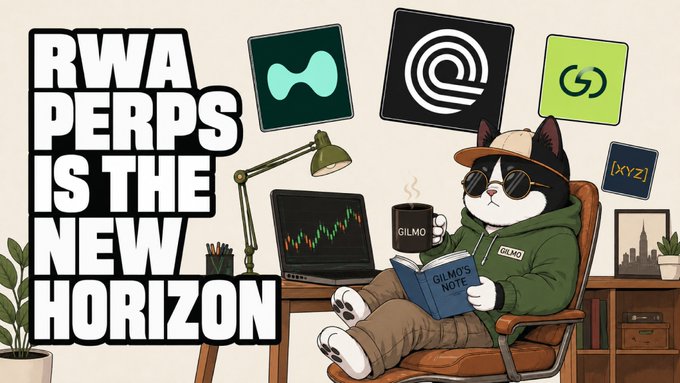 An illustration of a cat wearing sunglasses and a 'GILMO' hoodie reading 'GILMO'S NOTE' next to the text 'RWA PERPS IS THE NEW HORIZON' with logos including XYZ.