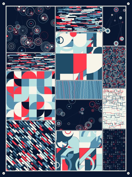 A grid-based abstract art poster composed of multiple geometric panels featuring circles, lines, rectangles, and symbols in a cohesive palette of navy blue, red, and white. The bold, modular composition combines Bauhaus-inspired shapes and modern data-visualization motifs, fitting the "Art." theme as a stylized celebration of visual design.