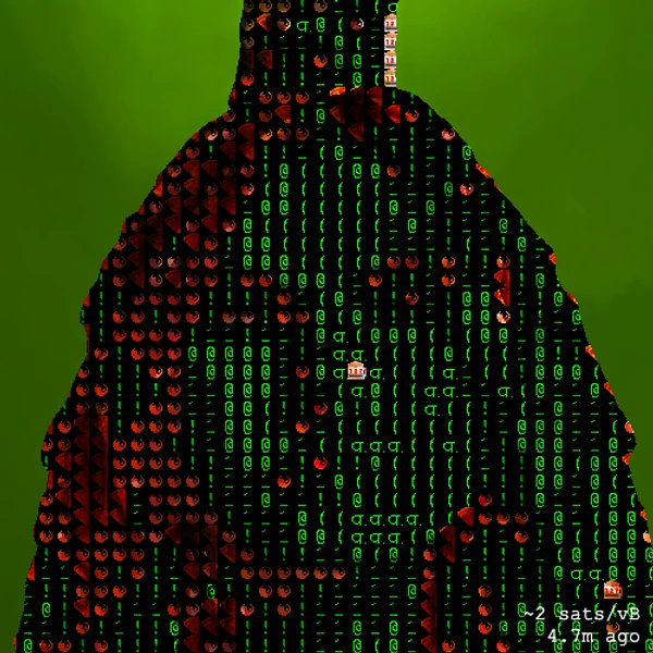 A retro-style video game scene with a dark, textured landscape covered in green letter 'C's and red circular objects, with small blocky characters; text reads 'G-2 Sats/vB' and '4.7m ago' in the corner.