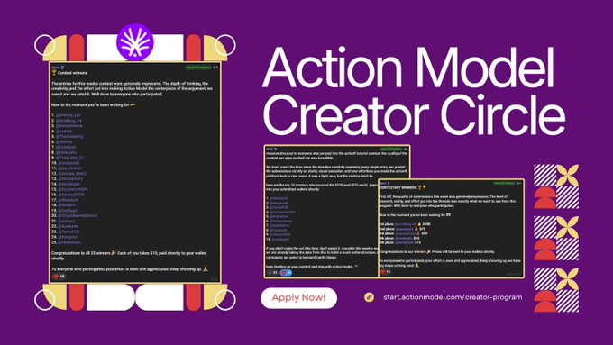The image features a purple background with white text that reads "Action Model Creator Circle" at the top of the screen. Below this, there are three different images displayed - one showing an action model creator circle, another showing a cell phone, and the third showing a computer monitor. The text in the image suggests that the creator is looking for new talent to join their team or that they have recently hired someone who has expertise in creating action models.