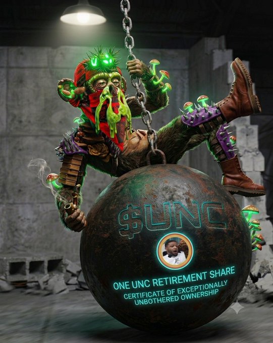 A 3D rendering of a green, mushroom-covered creature holding a wrecking ball and chain, with the ball displaying the text '$UNC', a profile picture, and 'ONE UNC RETIREMENT SHARE CERTIFICATE OF EXCEPTIONALLY UNBOTHERED OWNERSHIP.'